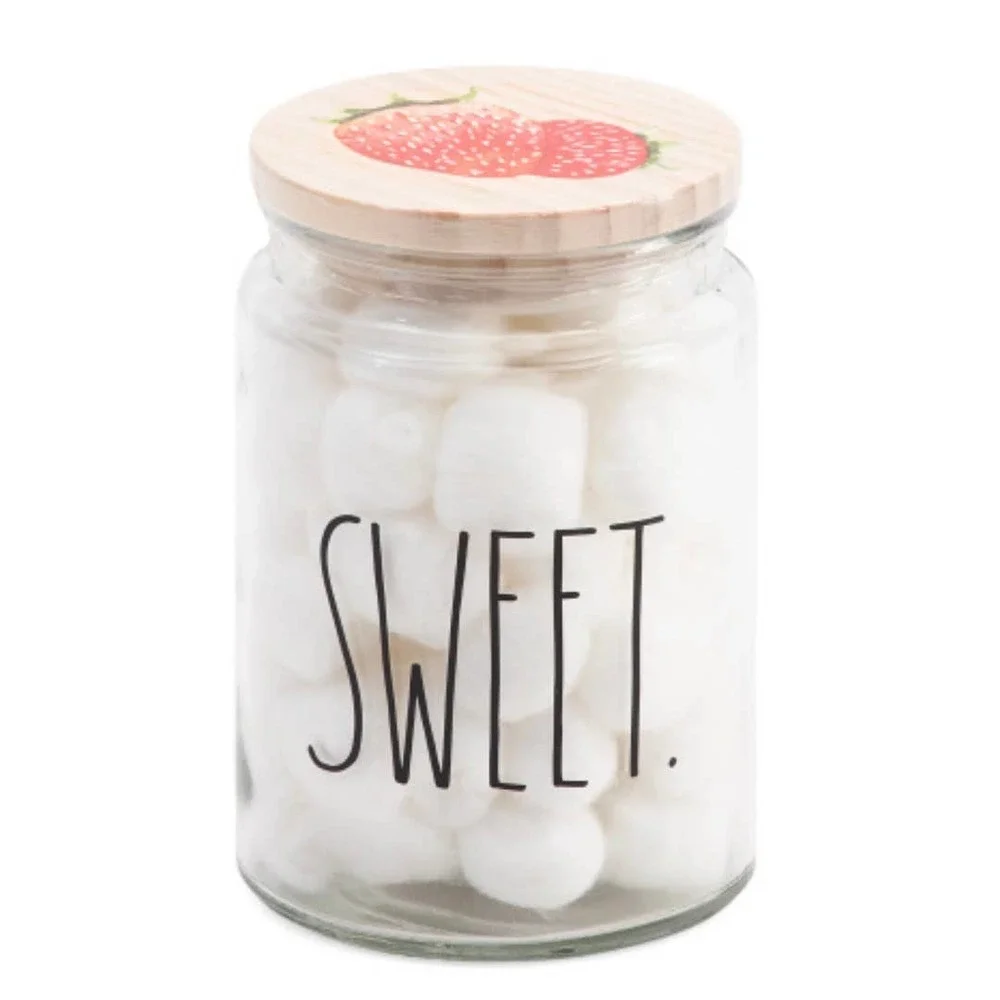 NIB RAE DUNN Large Glass Jar w 60 Cotton Balls Sweet Strawberries Lidded Storage